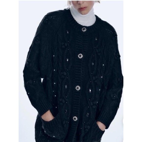 New Zara cardigan cable knit Oversized Jewel Rhinestones Beads Black sweater S - Picture 2 of 12